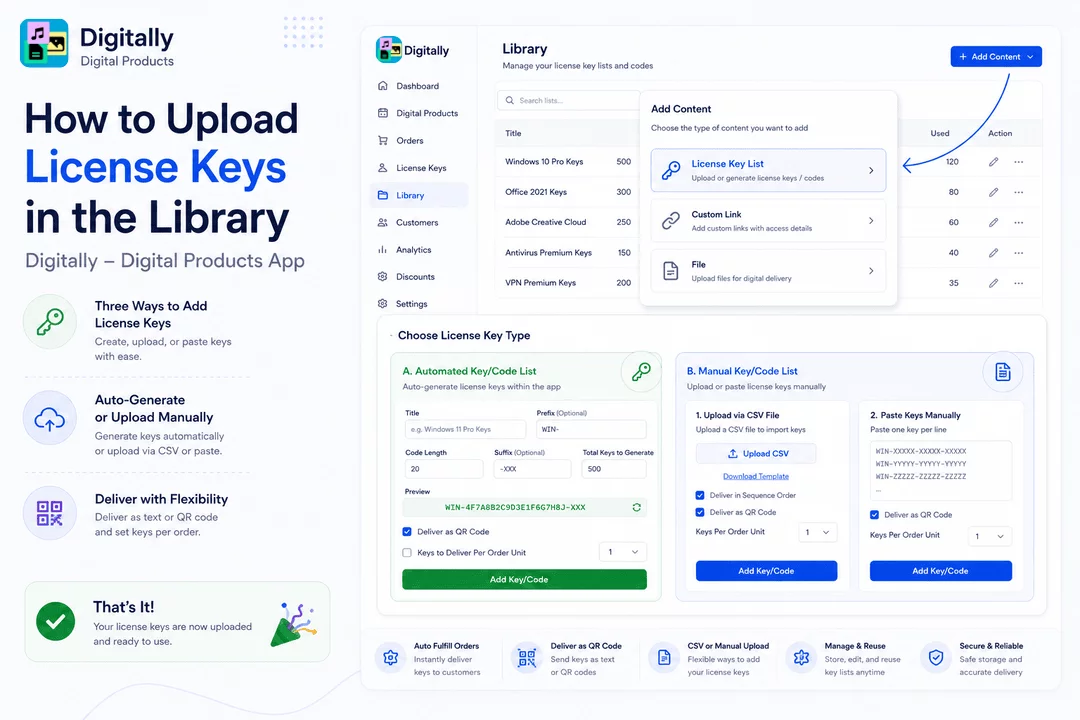 How to Upload License Keys in the Library – Digitally Digital Products App